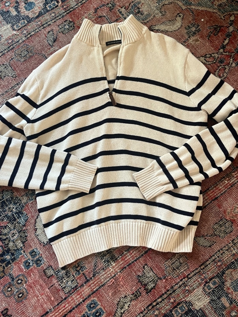 Brandy Melville Cream and Black Striped Half-Zip Sweater